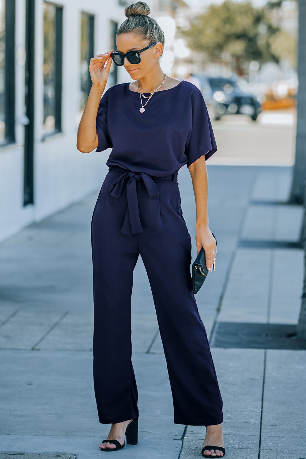 Full Size Tie Waist Straight Leg Jumpsuit Navy