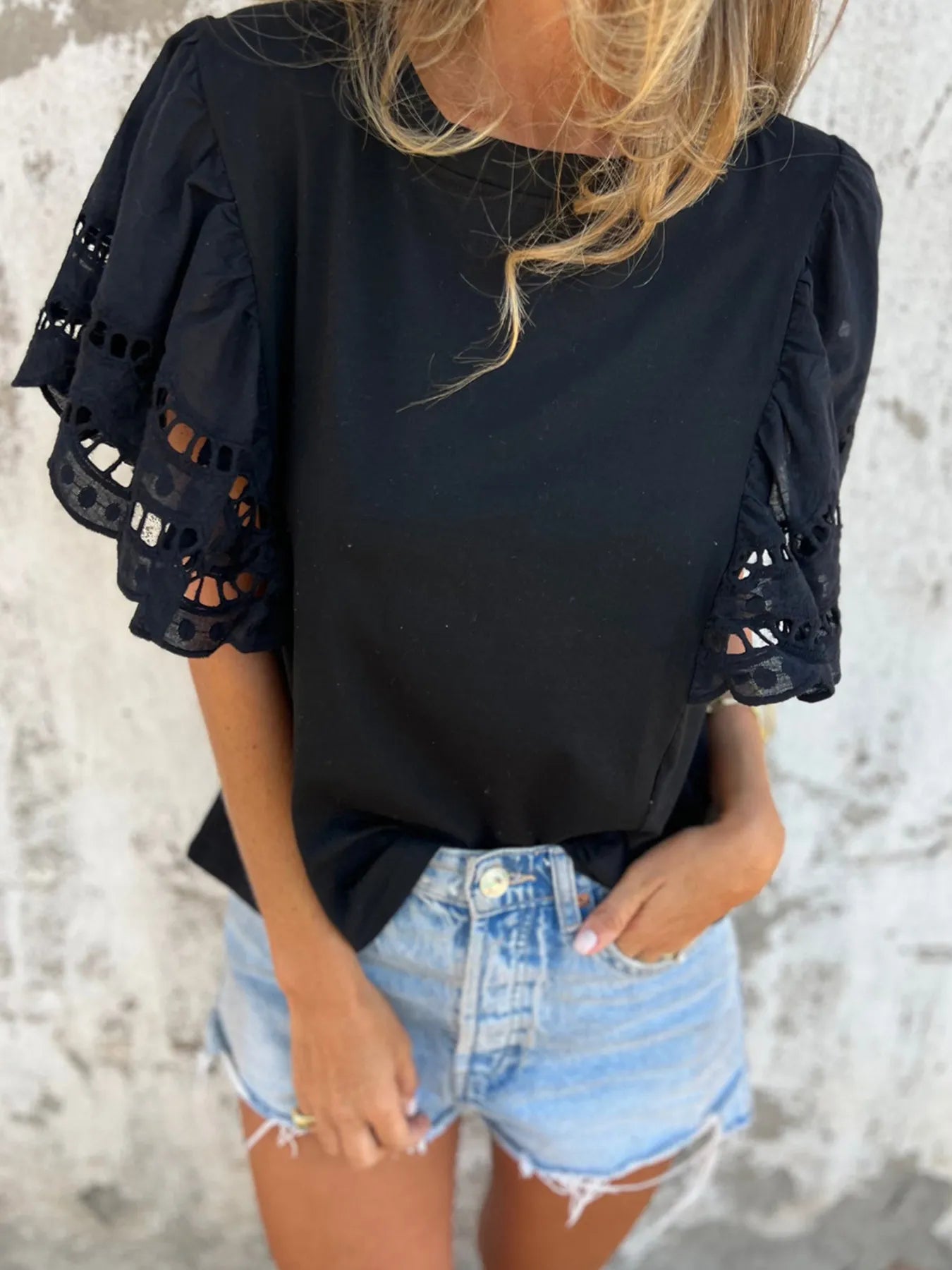 Hollow Out Sleeve Casual Blouse Black
