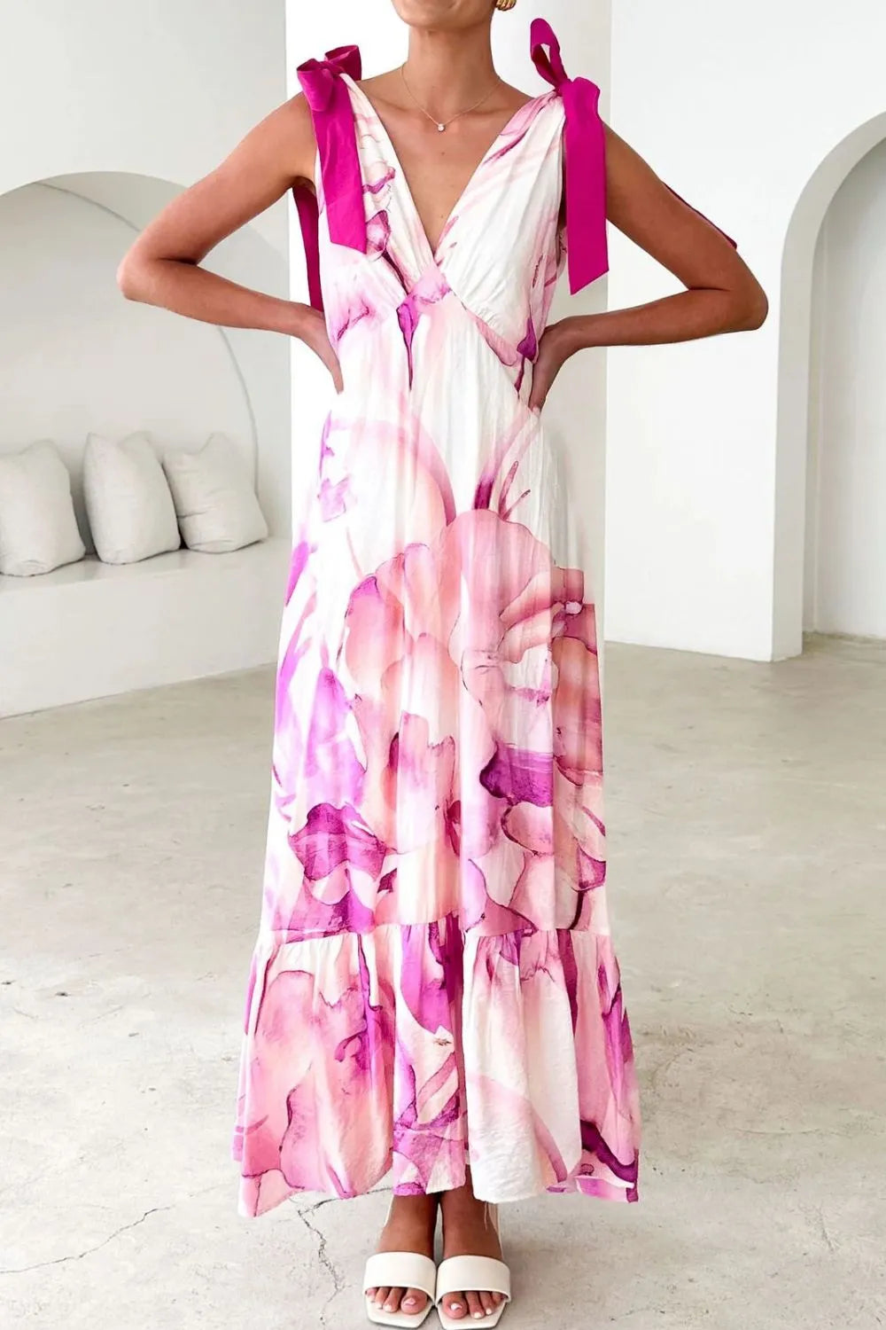 Printed V-Neck Tie Shoulder Midi Cami Dress