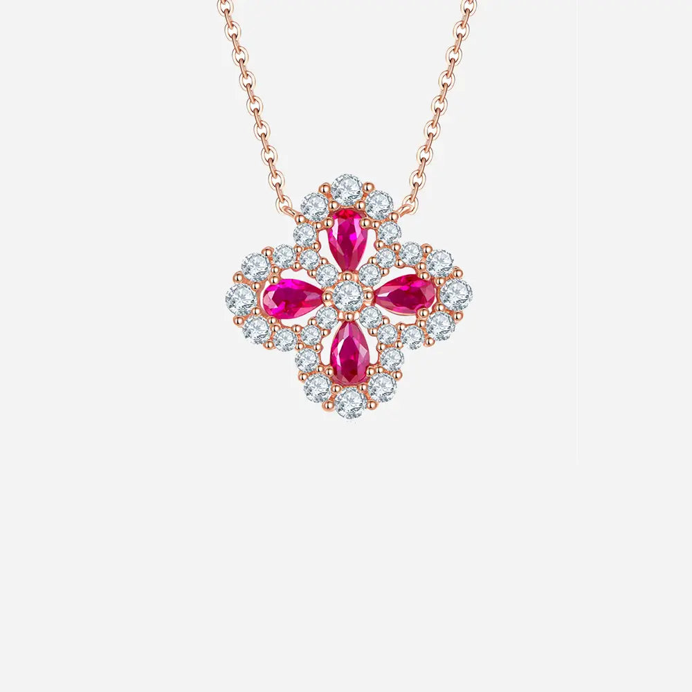 Lab-Grown Ruby 925 Sterling Silver Flower Shape Necklace Hot Pink One Size