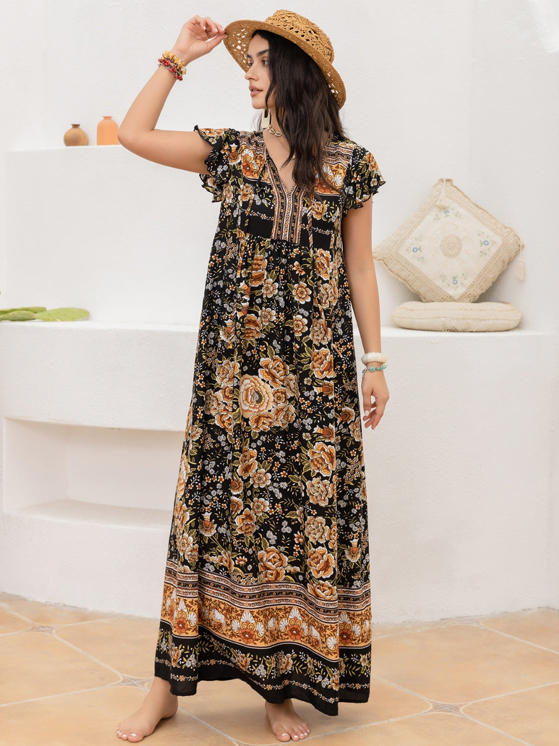 Ruffled Printed Tie Neck Cap Sleeve Dress Black