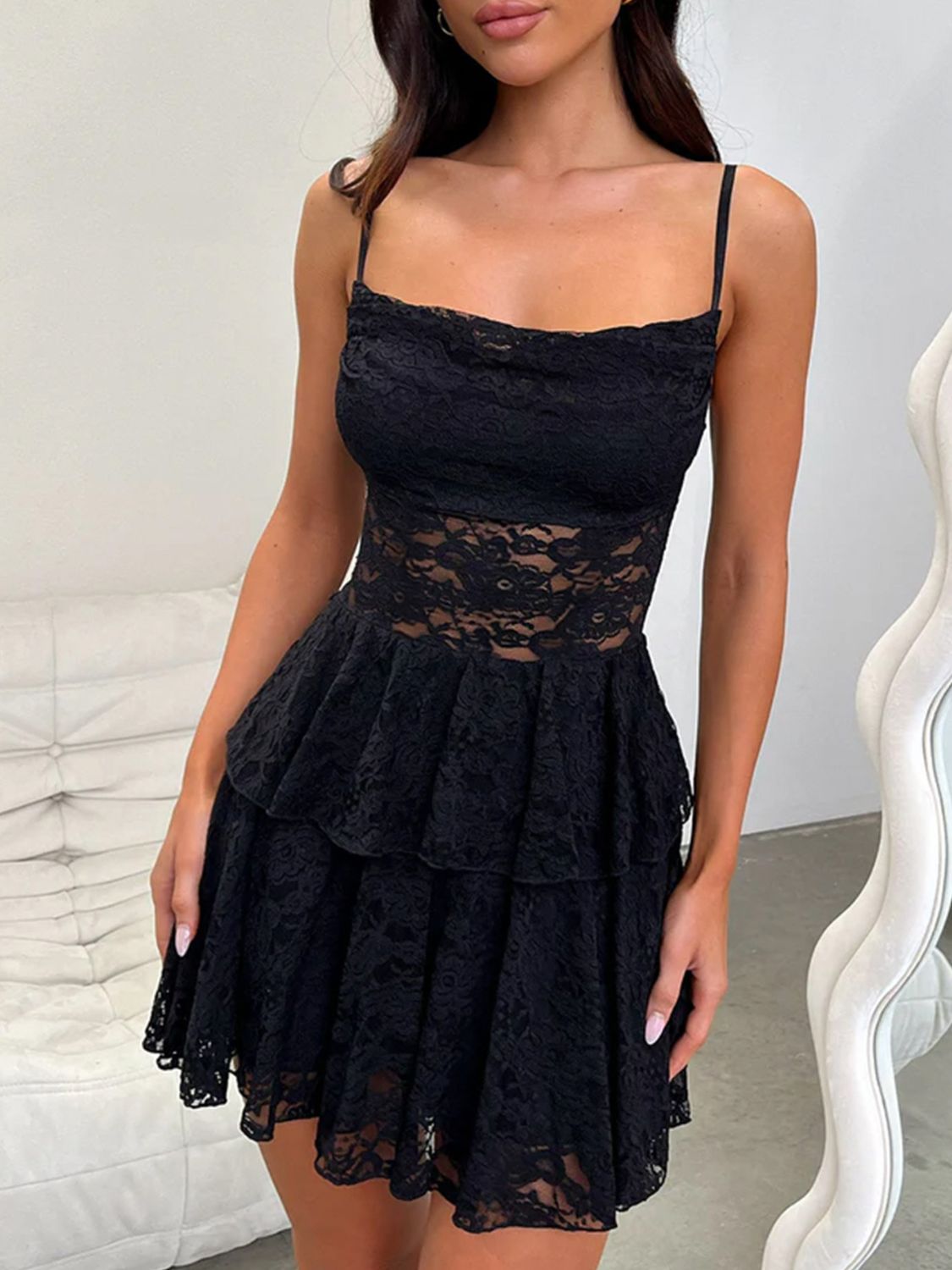 Devine Lace-Up Layered Lace Mini Cami Dress Black