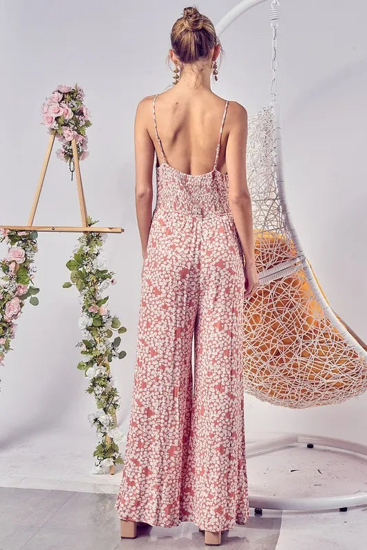 BiBi Floral Print Cirnkled Gauze Spaghetti Strap Jumpsuit