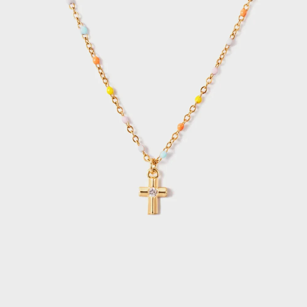 Inlaid Zircon 18K Gold-Plated Cross Bead Necklace Gold One Size