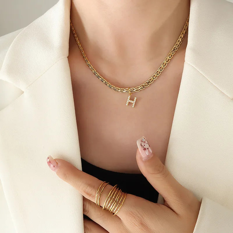 Brass Inlaid Zircon Letter Pendant Necklace Style H One Size