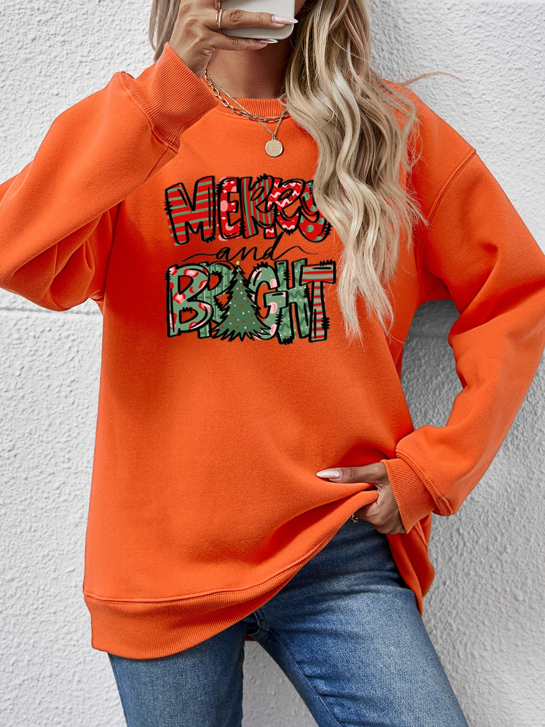 MERRY AND BRIGHT Long Sleeve Sweatshirt Pumpkin