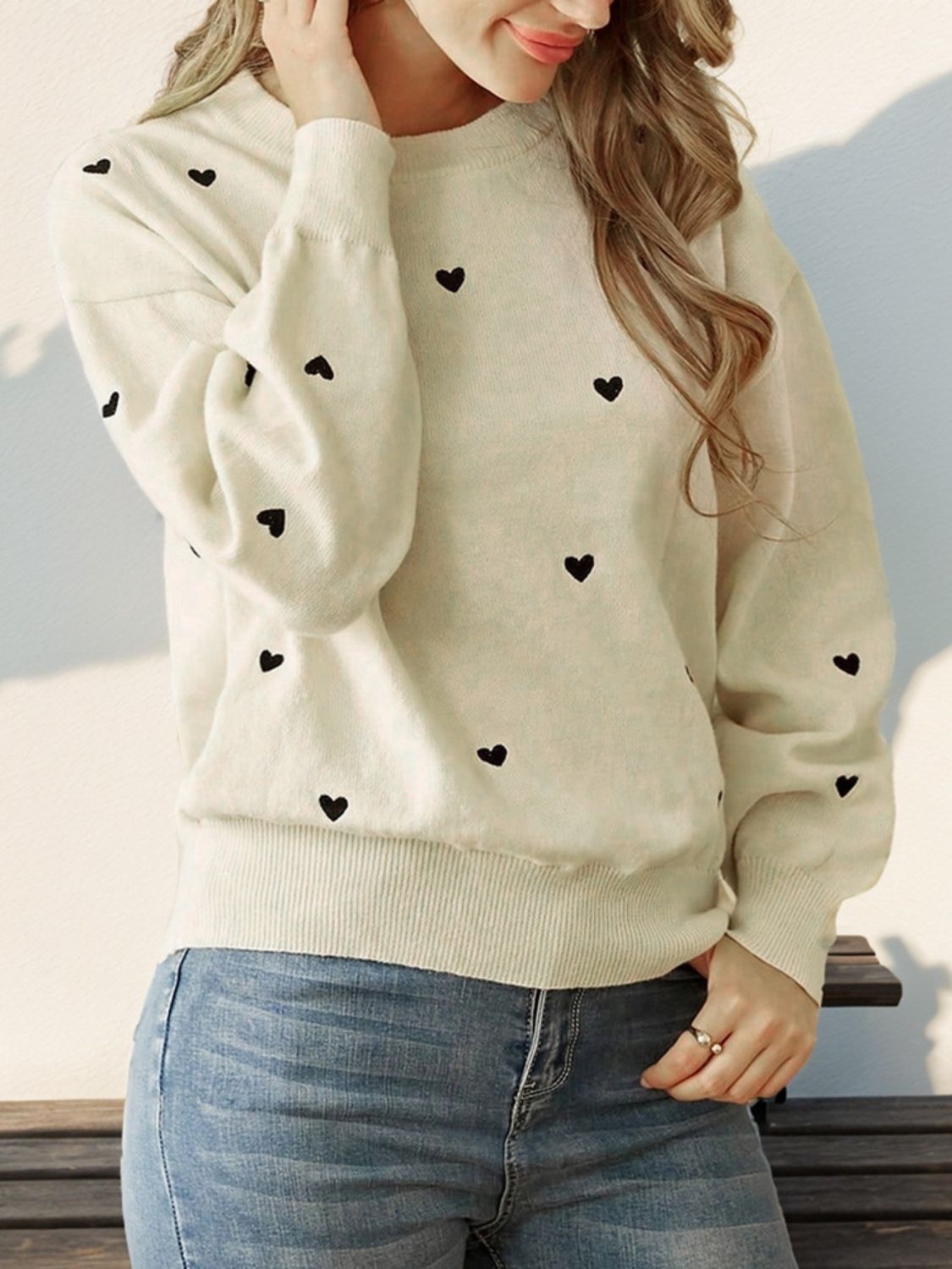 Perfee Heart Round Neck Long Sleeve Knit Top Cream