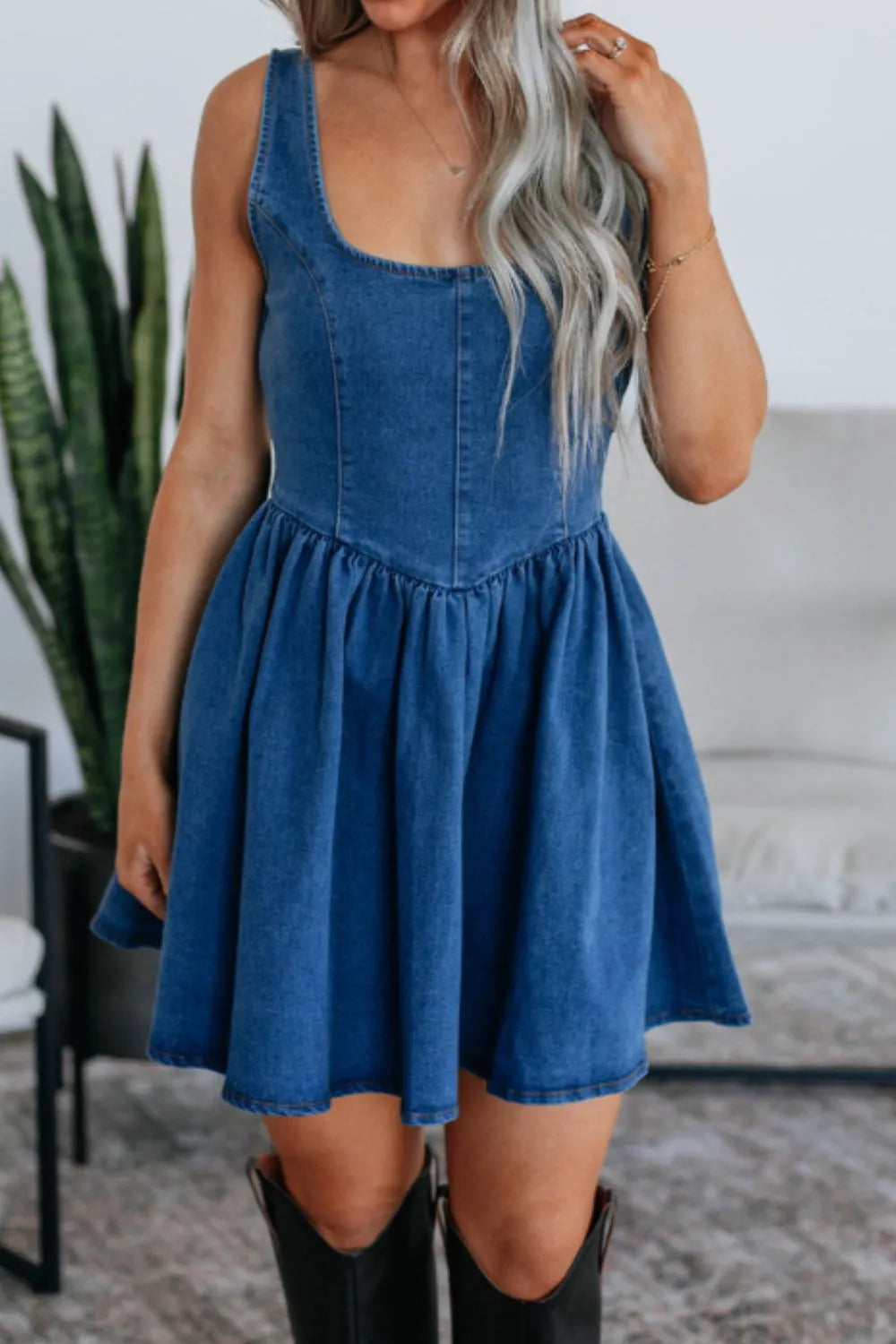 V-Back Bow Tie Denim Skater Dress Navy