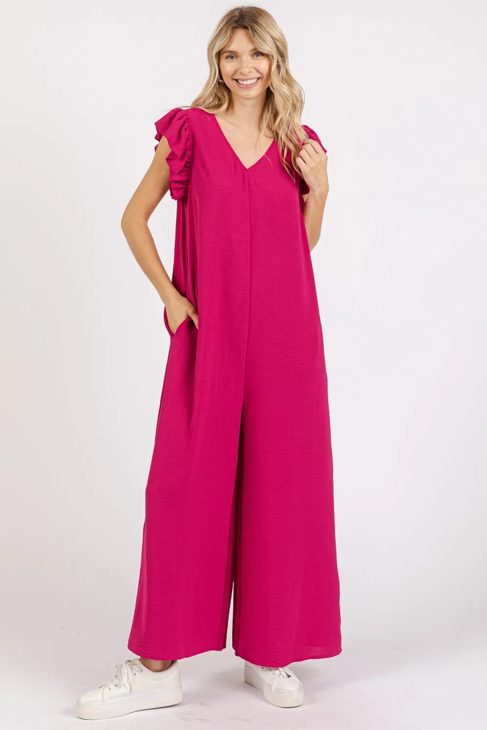Mittoshop V-Neck Ruffled Cap Sleeve Wide Leg Jumpsuit Deep Rose