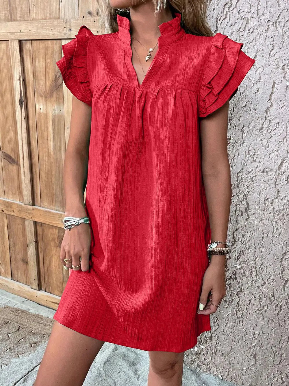 Ruffled Notched Cap Sleeve Mini Dress Deep Red