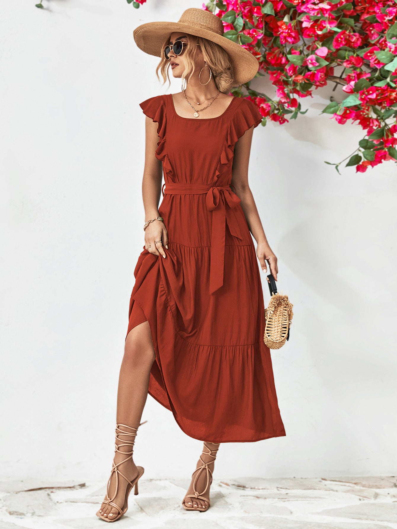 Tie Belt Ruffled Tiered Dress Brick Red