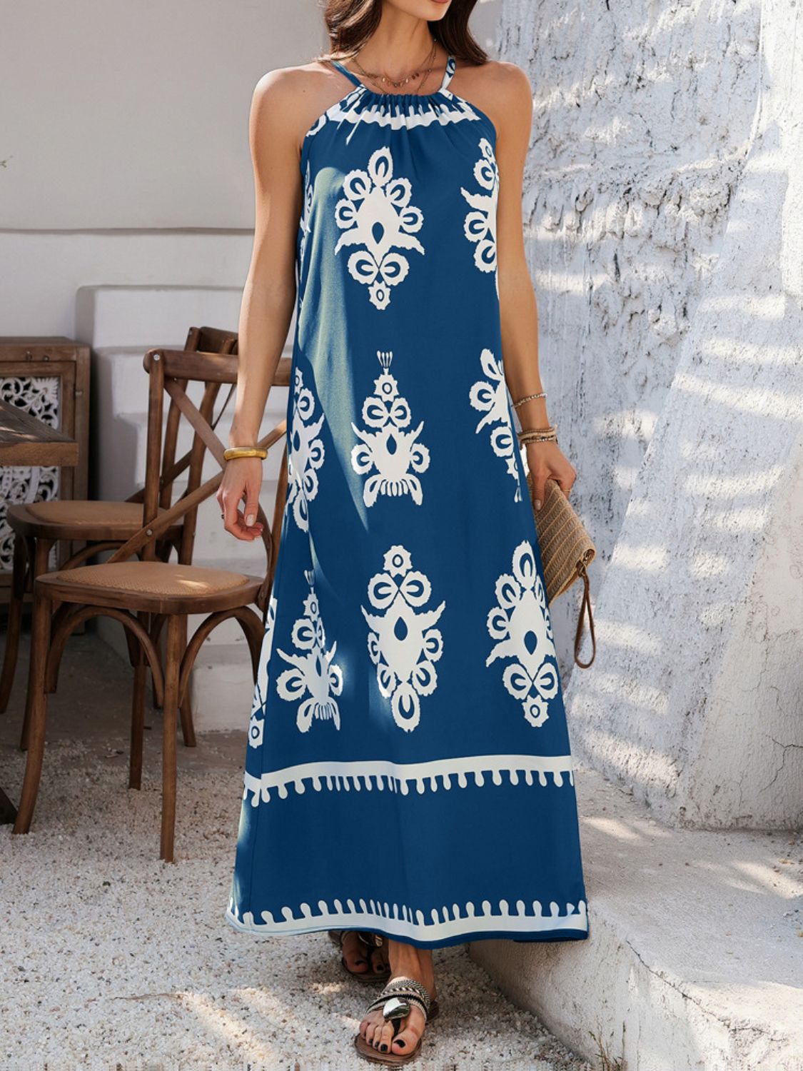 Devine Grecian Neck Printed Maxi Dress