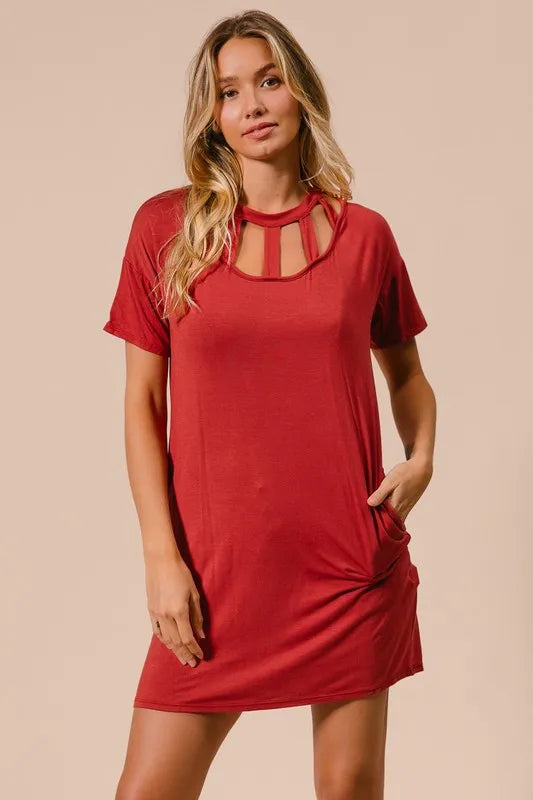 BiBi Front Cutout Mini Tee Dress with Pockets GINGER