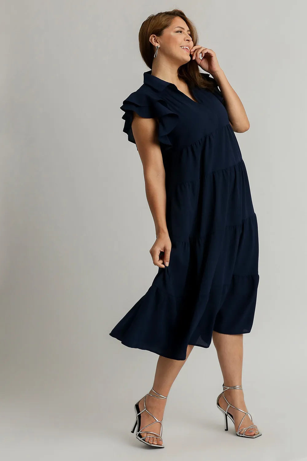 Umgee Full Size Johnny Collar Ruffle Cap Sleeve Tiered Dress Plus Size