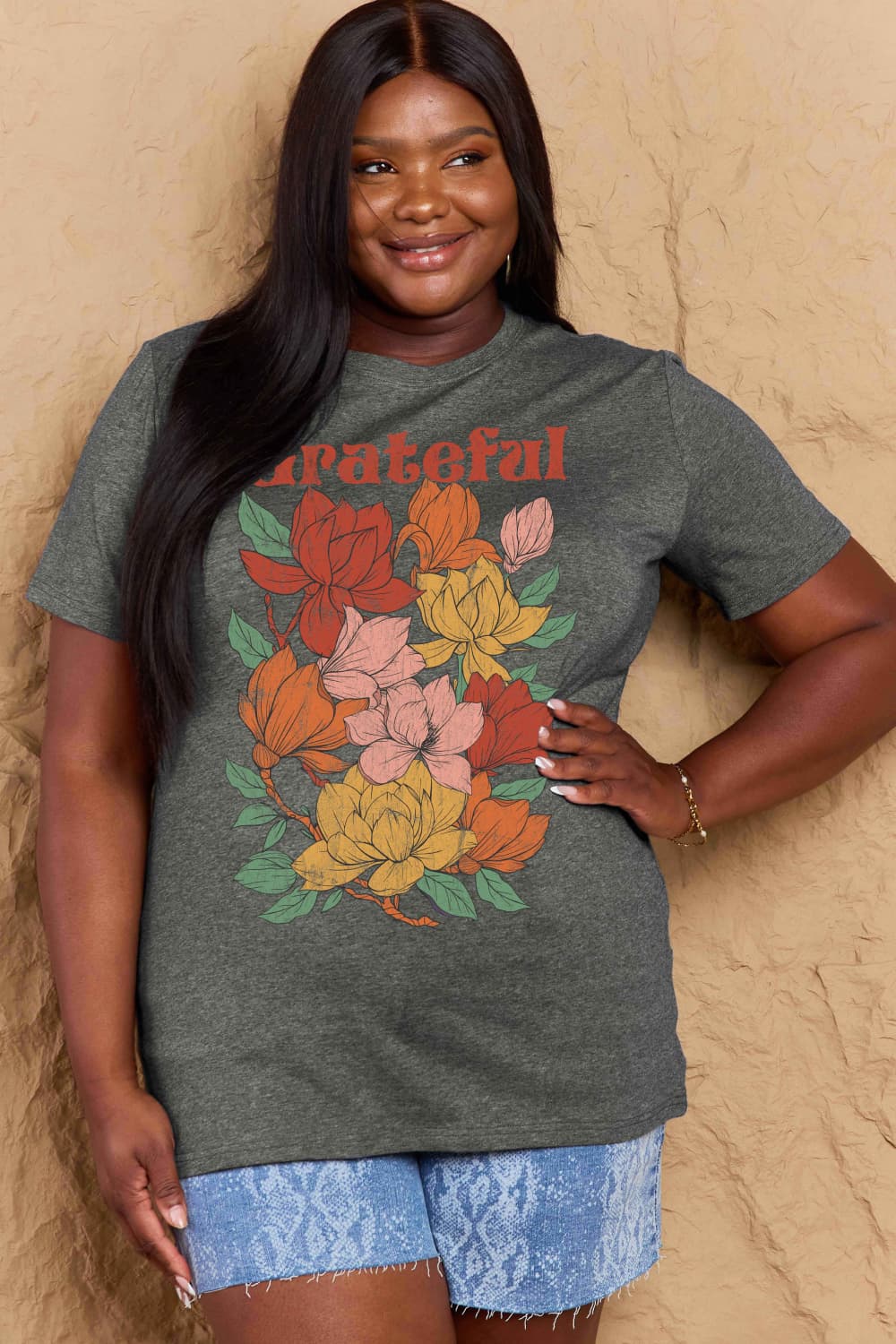 Simply Love Full Size GRATEFUL Flower Graphic Cotton T-Shirt Dark Gray