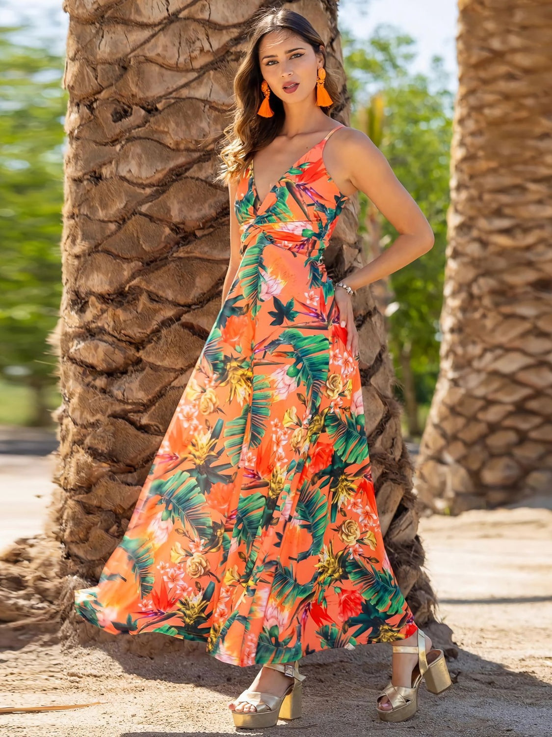 Twisted Printed V-Neck Cami Dress Caramel