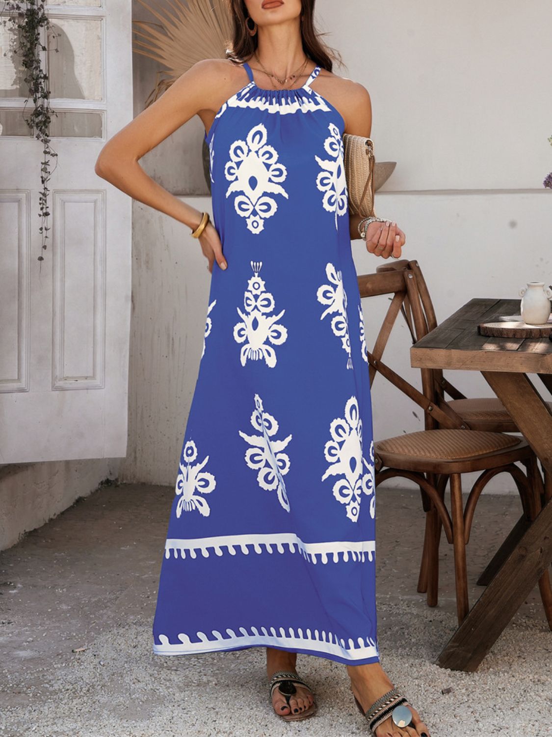 Devine Grecian Neck Printed Maxi Dress