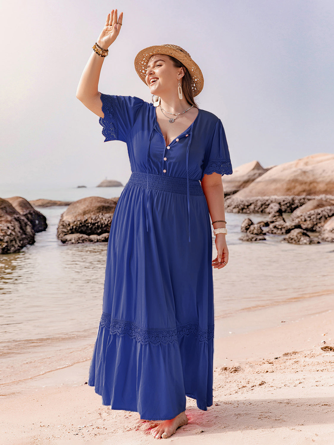 Plus Size Lace Detail Tie Neck Short Sleeve Maxi Dress Dark Blue