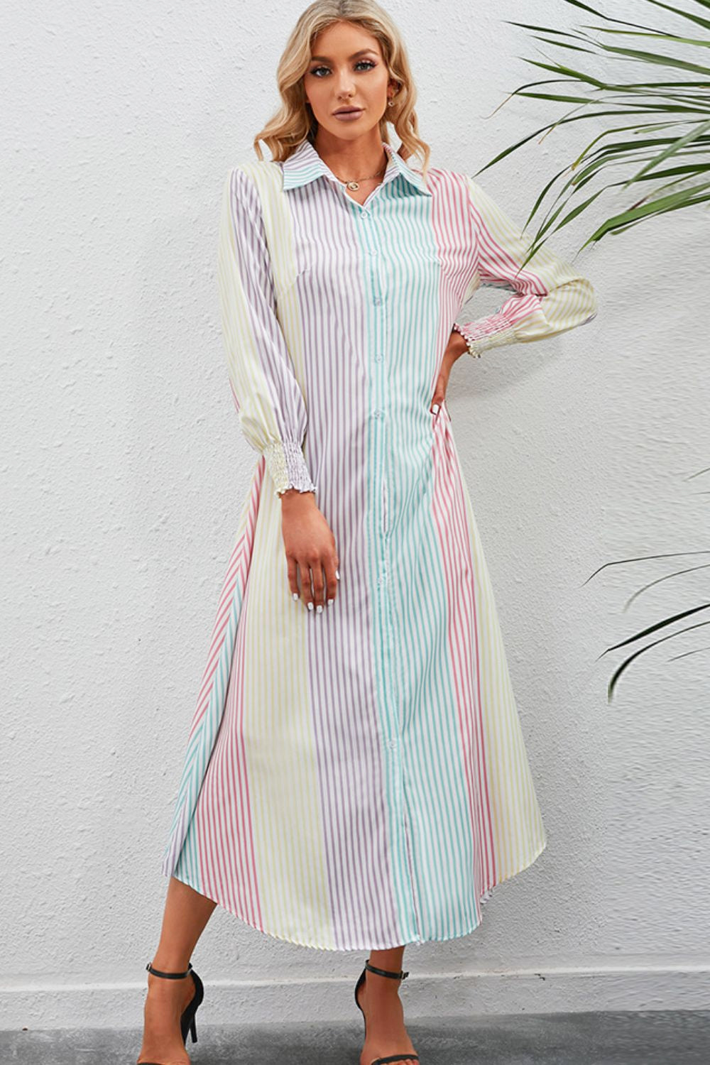 Rainbow Stripe Button-Up Maxi Shirt Dress Stripe