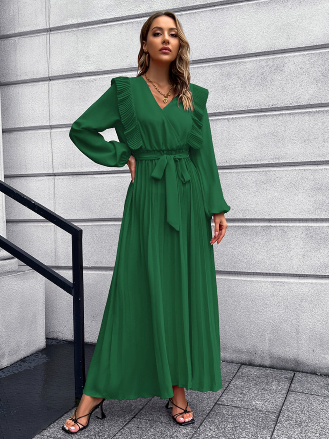 Pleated Surplice Tie Waist Maxi Dress Dark Green