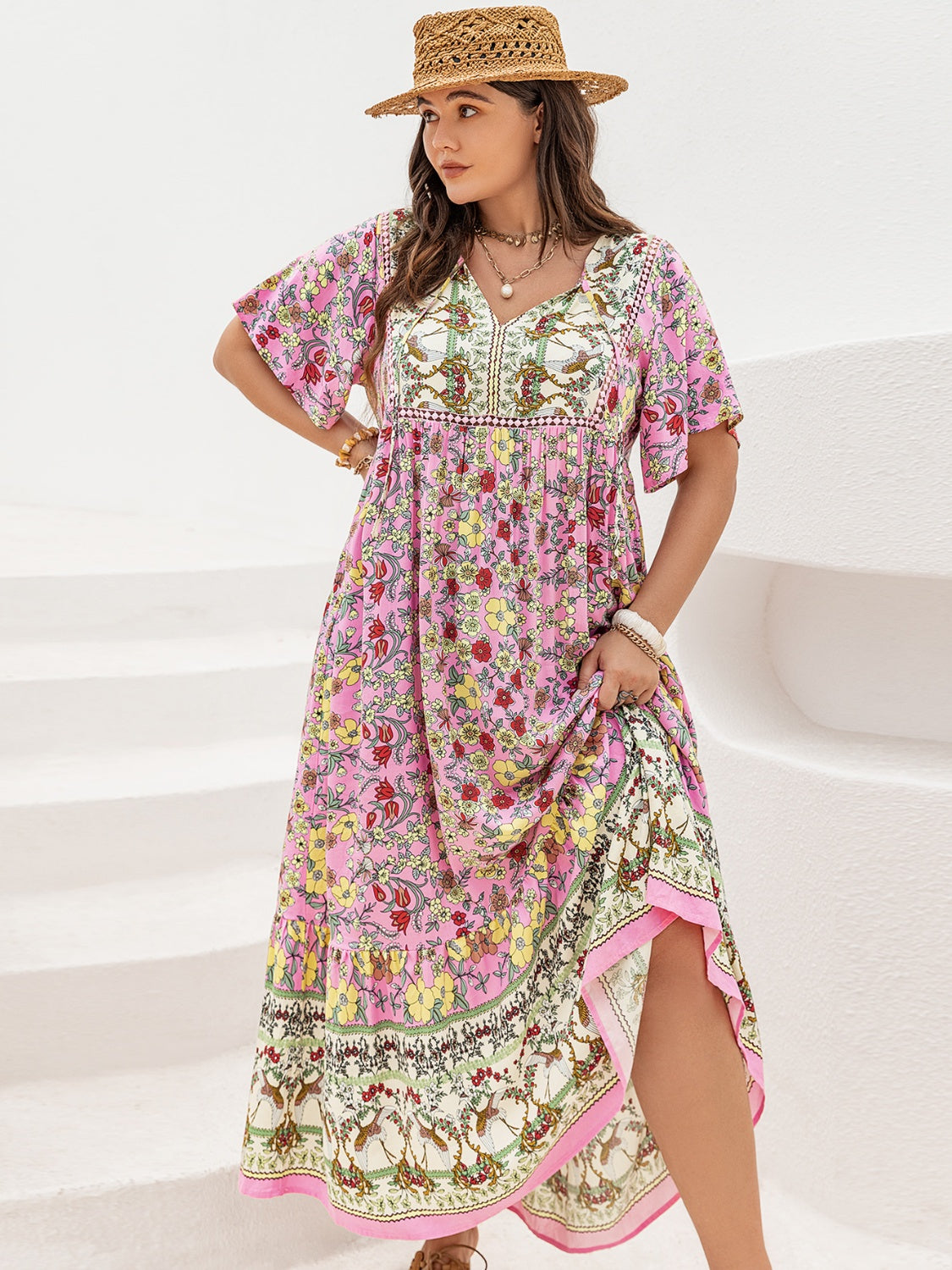Plus Size Floral Tie Neck Flutter Sleeve Maxi Dress Blush Pink