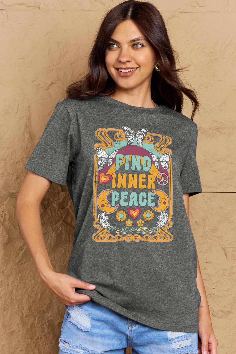 Simply Love Full Size FIND INNER PEACE Graphic Cotton T-Shirt Dark Gray