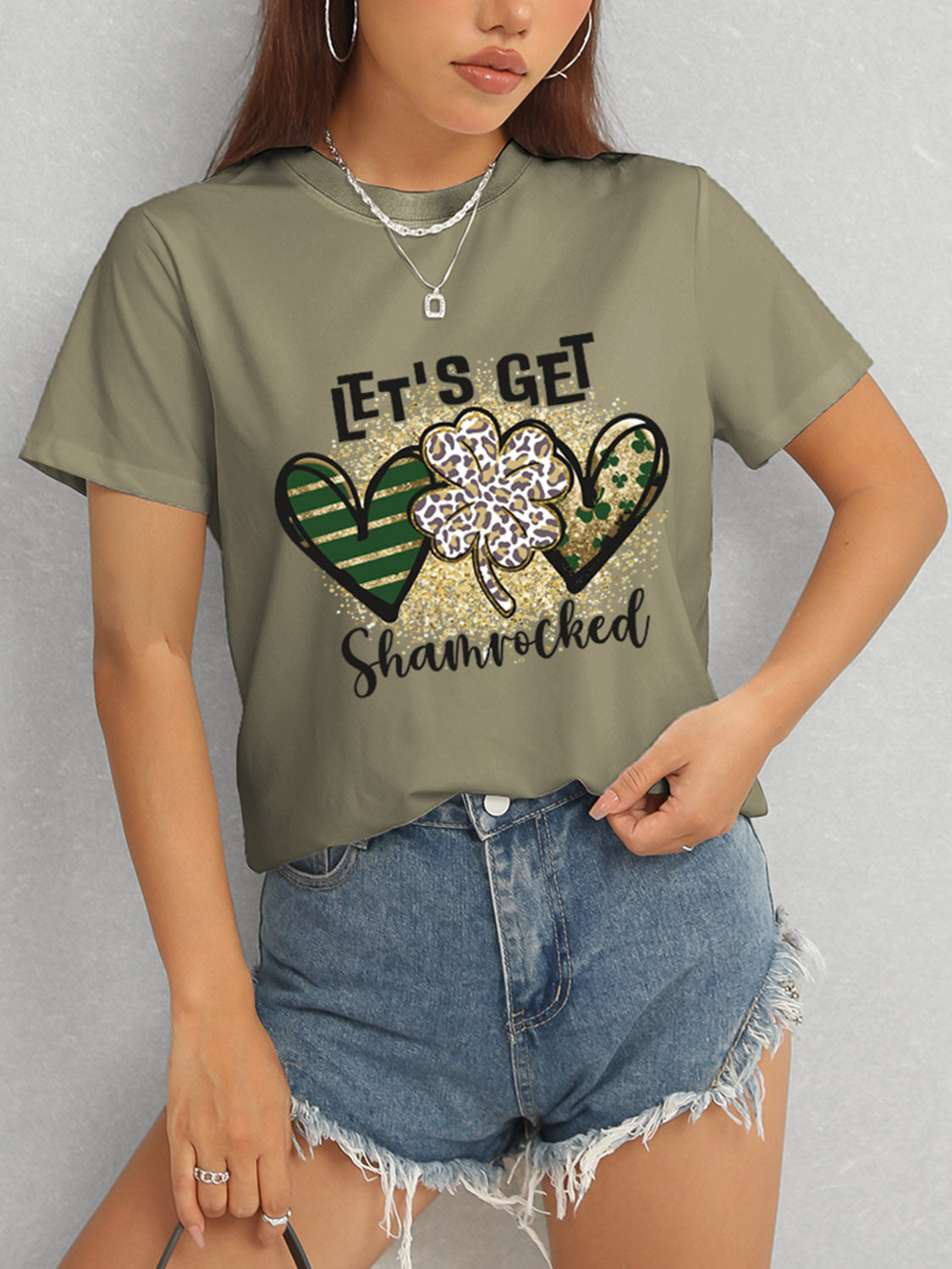 Lucky Clover Round Neck Short Sleeve T-Shirt Army Green