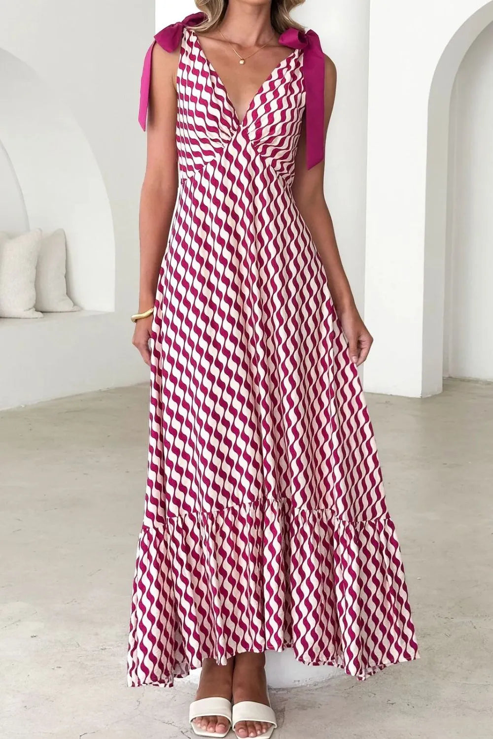 Printed V-Neck Tie Shoulder Midi Cami Dress