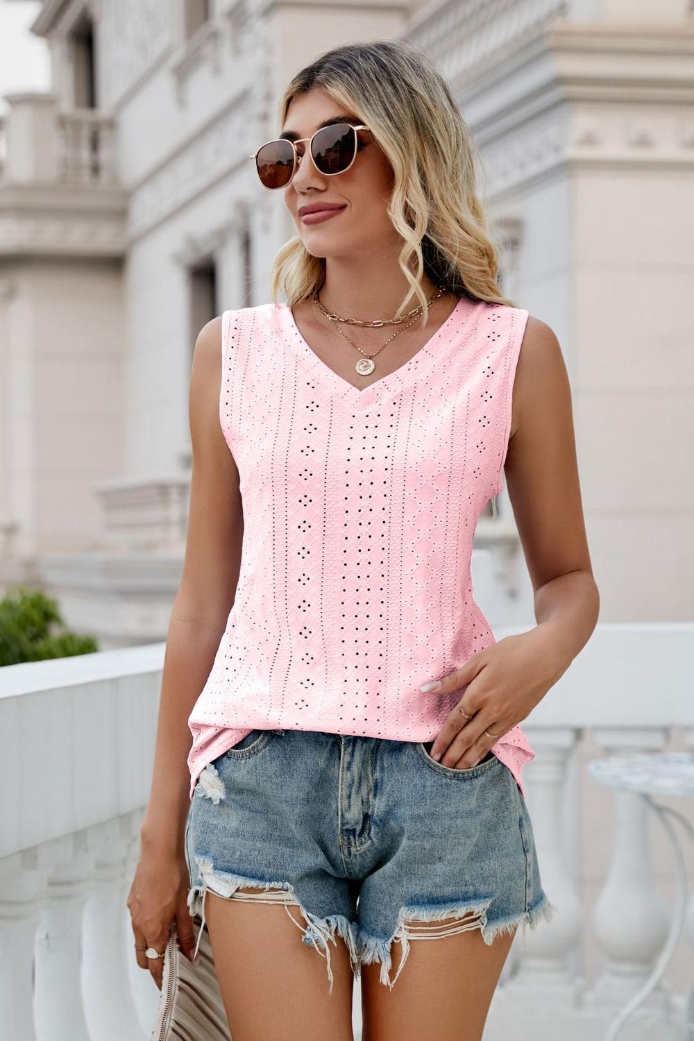 Eyelet V-Neck Tank Blush Pink