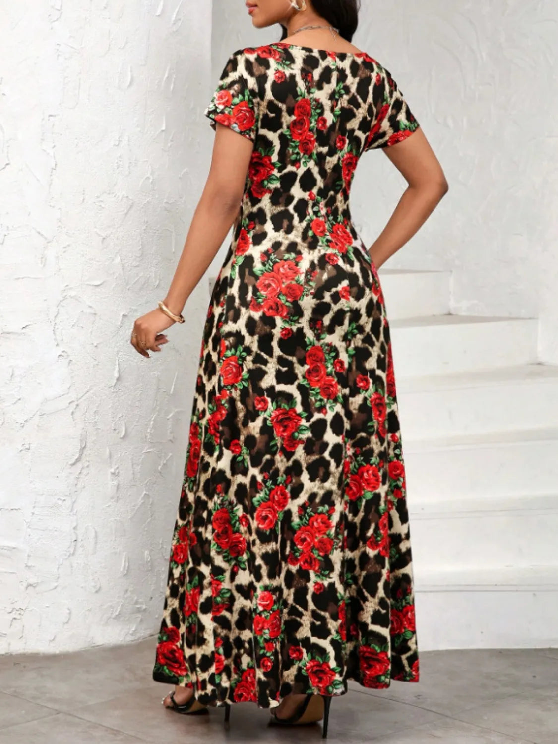 Printed Round Neck Short Sleeve Maxi Tee Dress