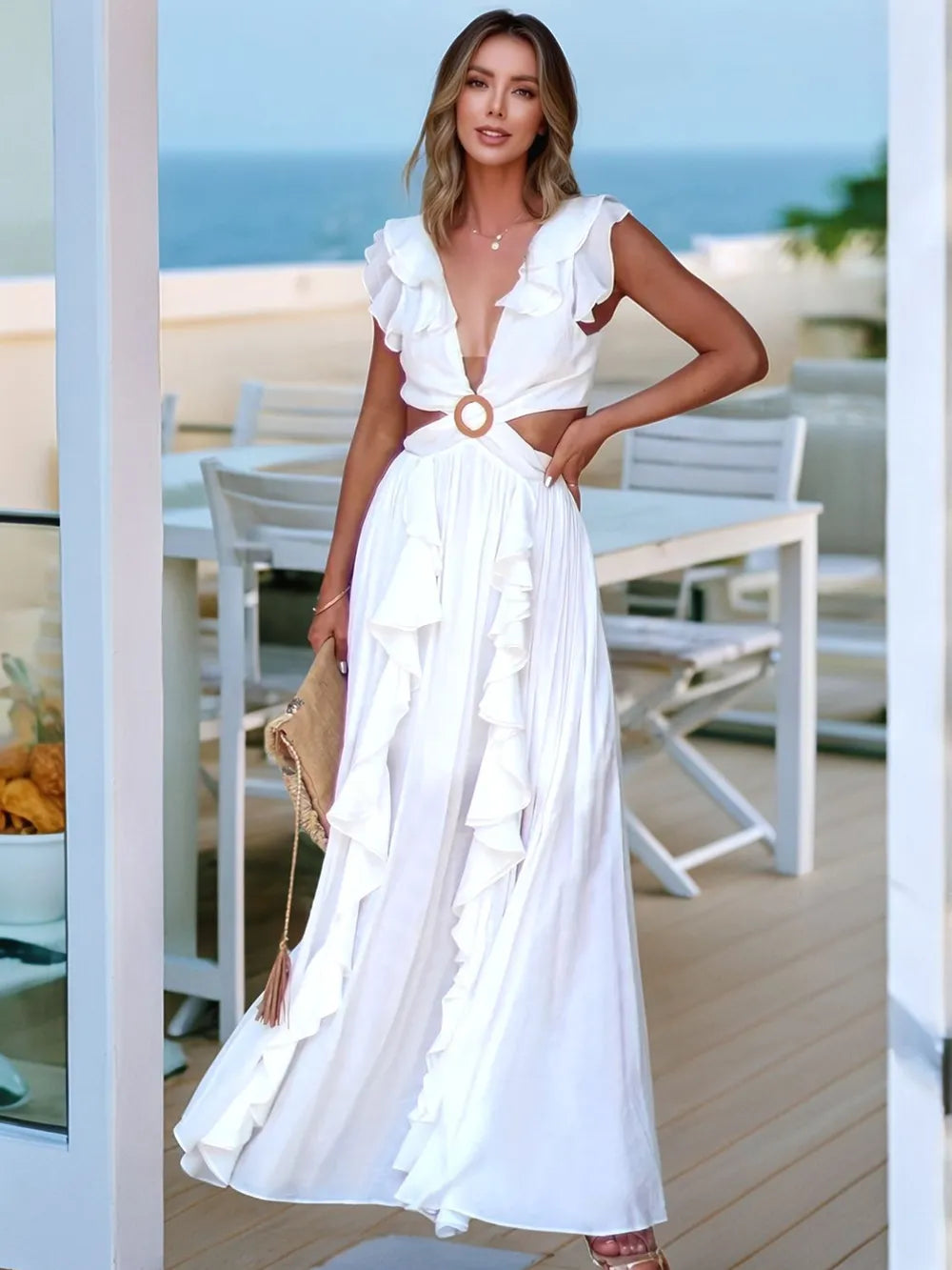 Cutout Ruffled Cap Sleeve Maxi Dress White