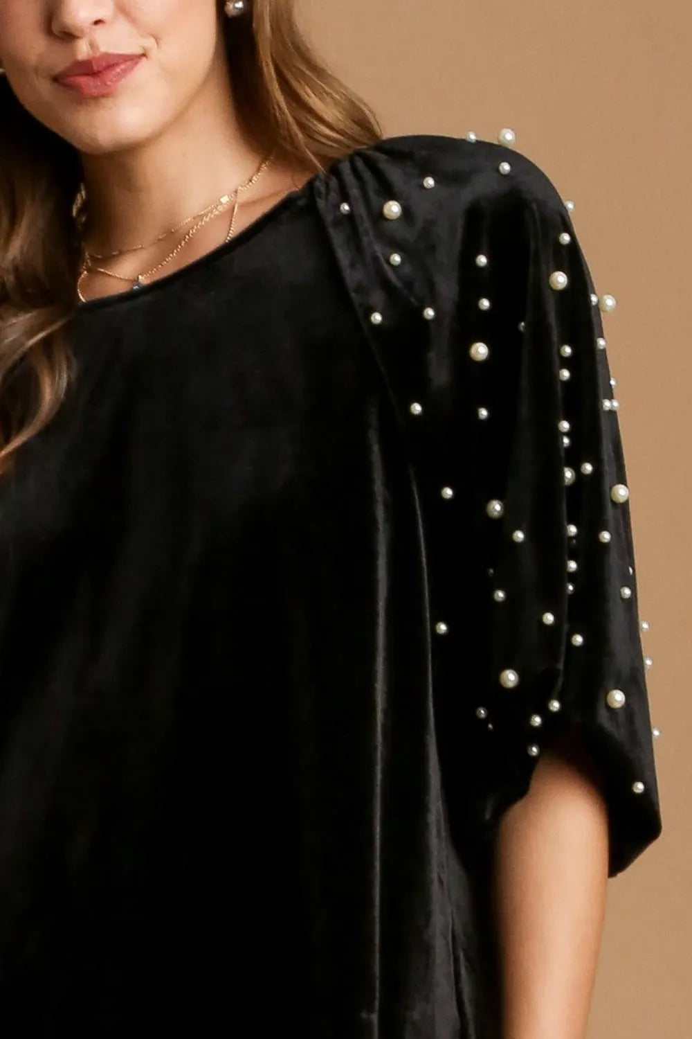 Umgee Full Size Pearl Detail Velvet Round Neck Top Plus Size