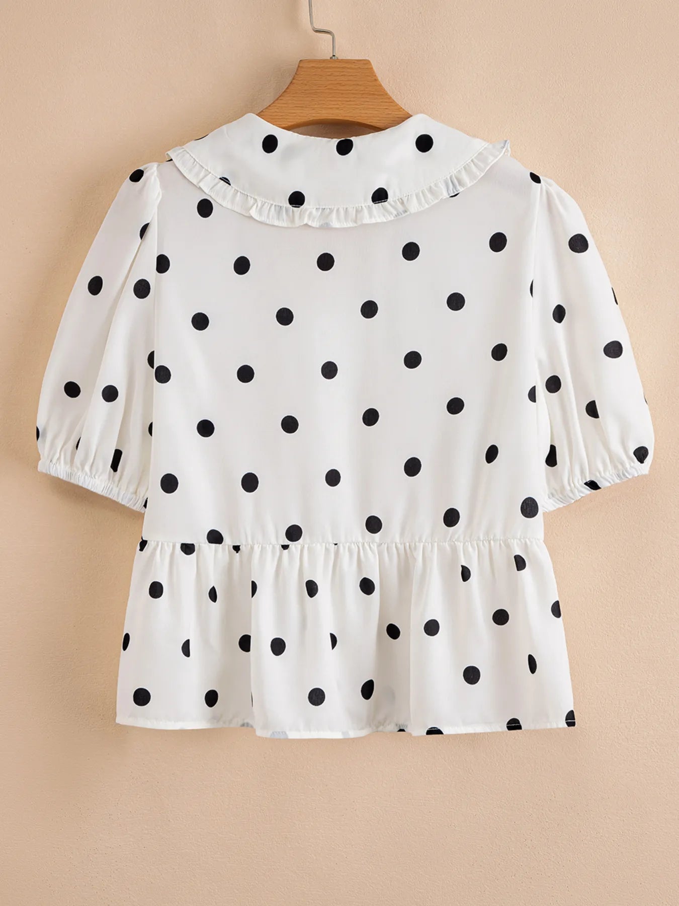 Polka Dot Collared Puff Sleeve Peplum Top