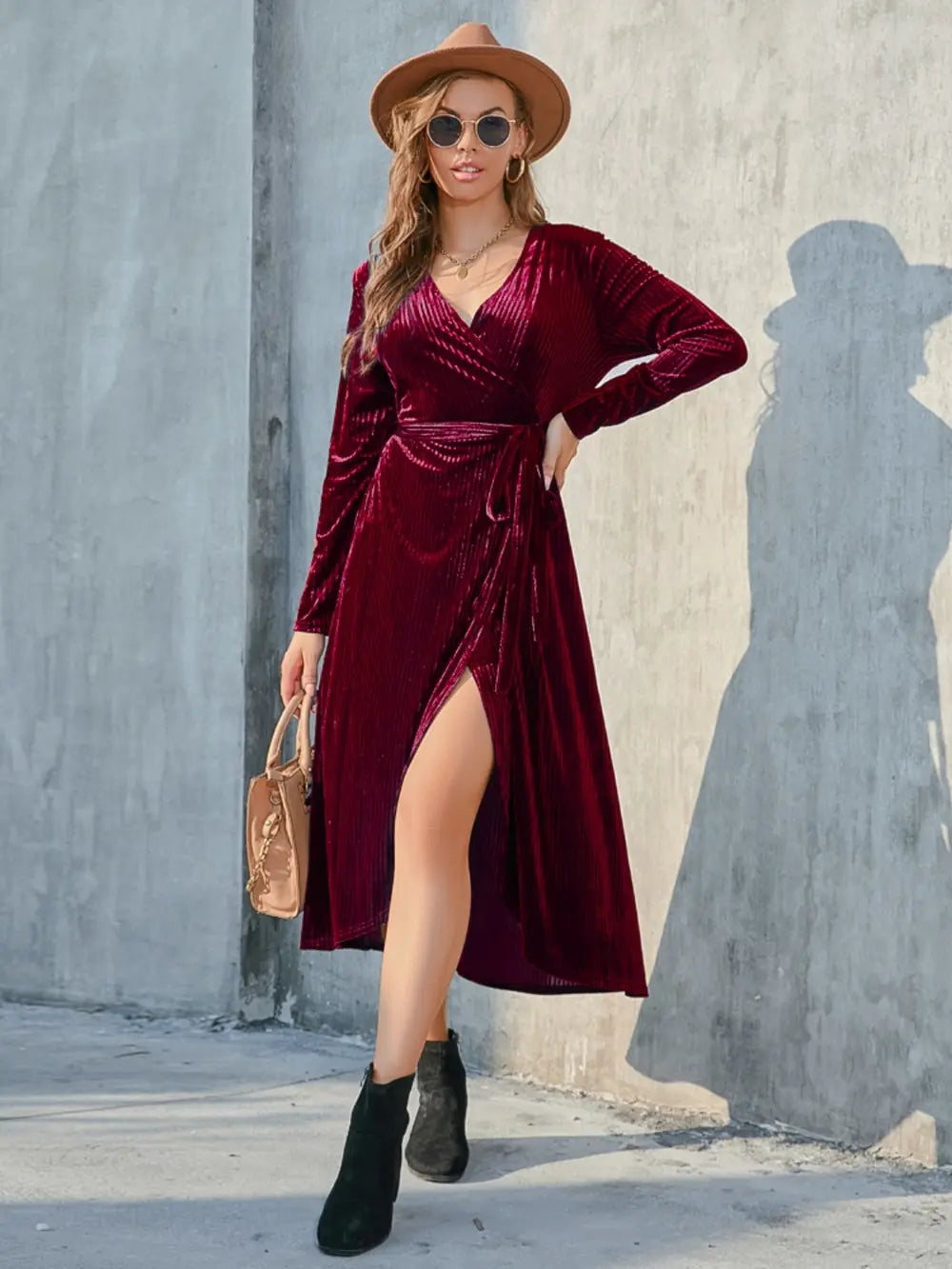 Tie Front Long Sleeve Slit Dress Wine