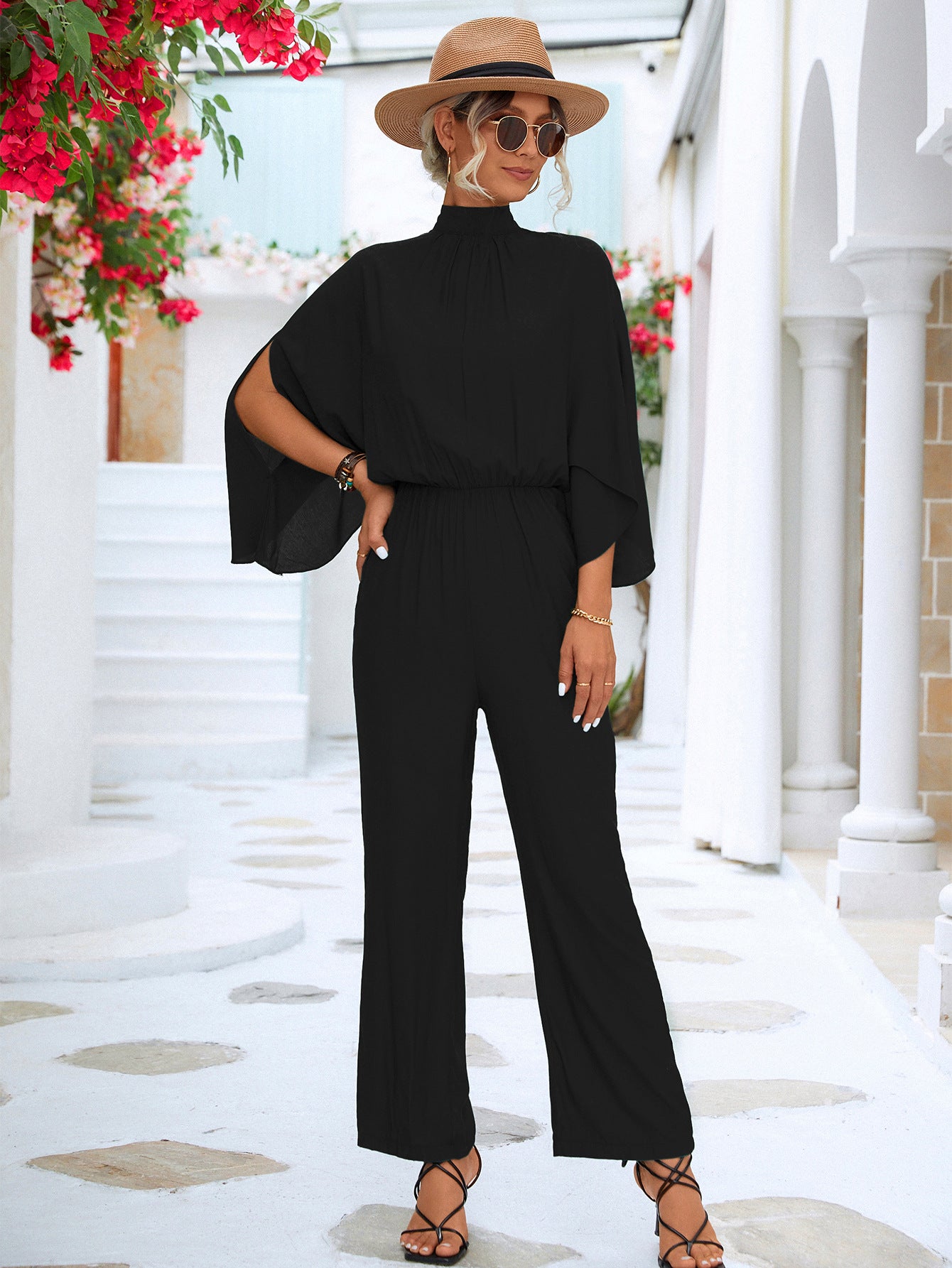 Tie Back Mock Neck Split Sleeve Jumpsuit Black