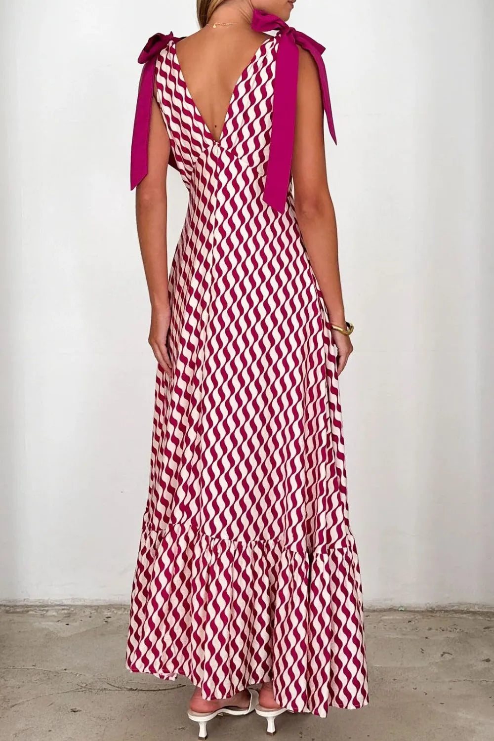 Printed V-Neck Tie Shoulder Midi Cami Dress