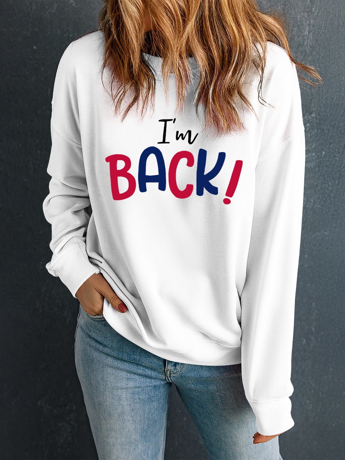 I'M BACK Round Neck Dropped Shoulder Sweatshirt Navy