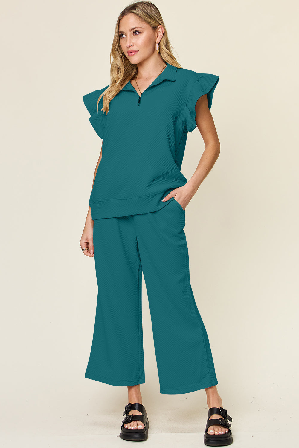 Double Take Texture Ruffle Short Sleeve Top and Drawstring Wide Leg Pants Set Deep Teal