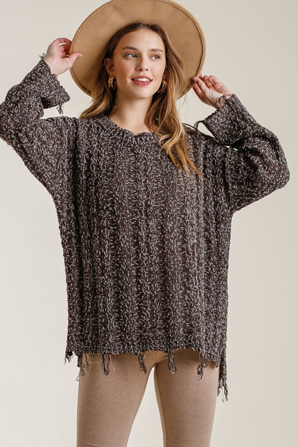 Umgee Full Size Frayed Hem Cable Knit Round Neck Sweater Plus Size Coffee Brown