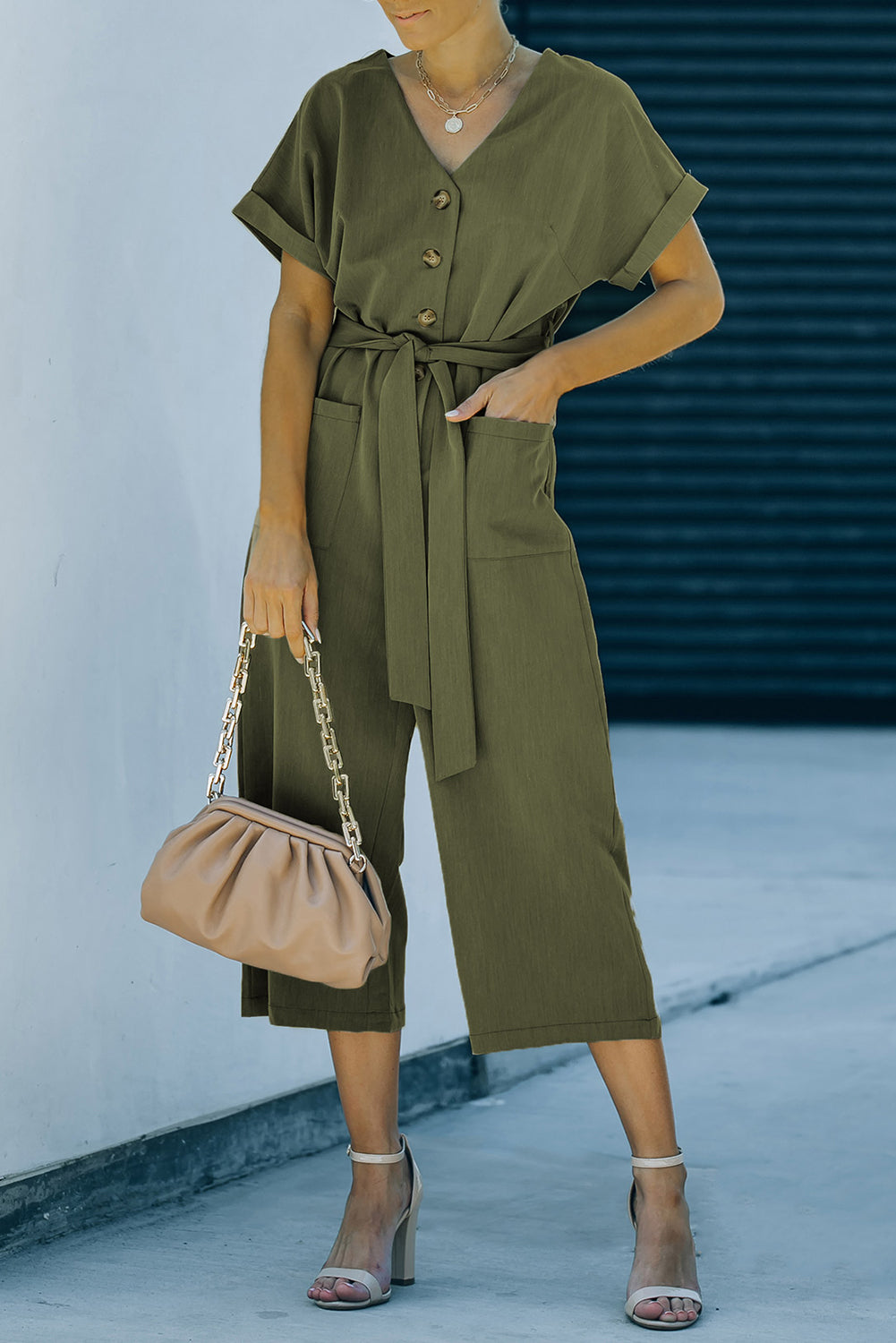 Tie-Waist Buttoned Cropped Jumpsuit Moss