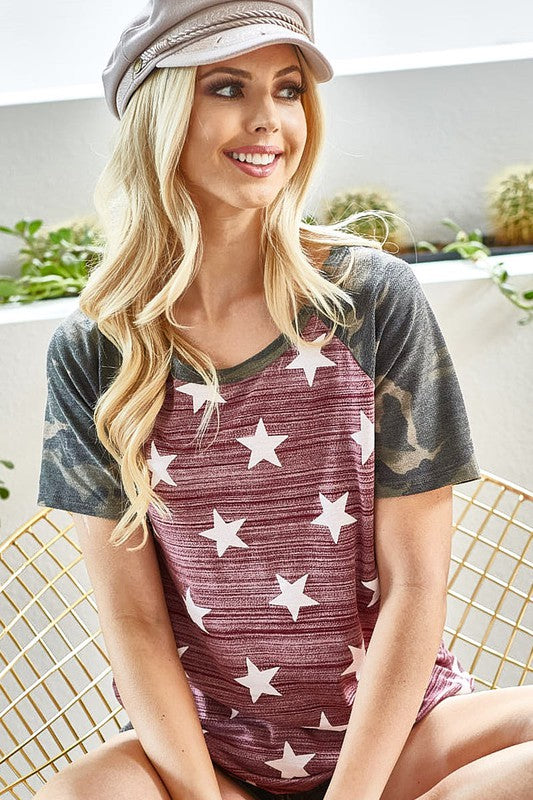 BiBi Star Round Neck Camouflage Short Sleeve T-Shirt