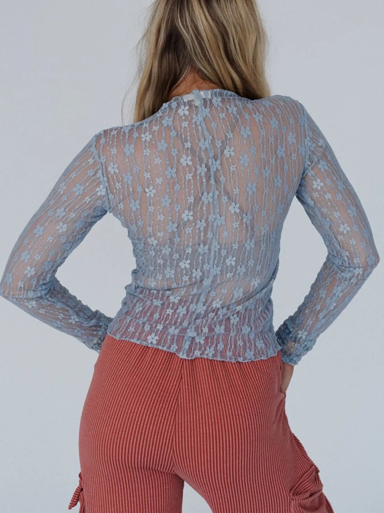 Lace See-Through Long Sleeve Blouse