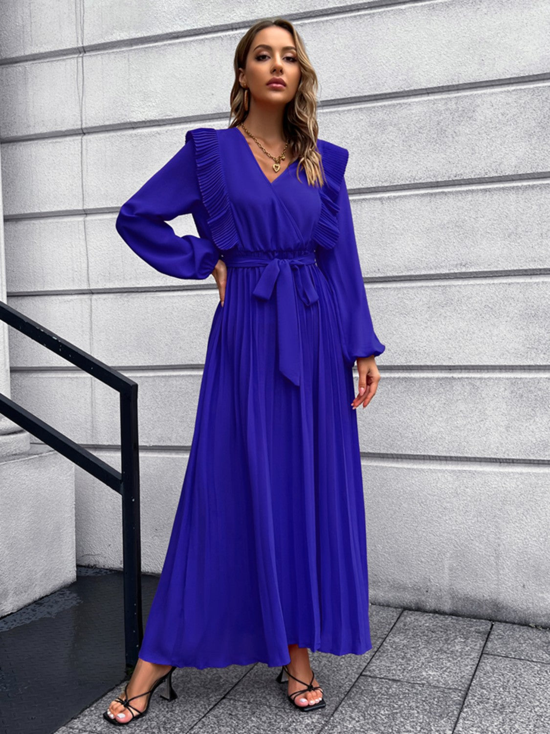 Pleated Surplice Tie Waist Maxi Dress Dark Blue