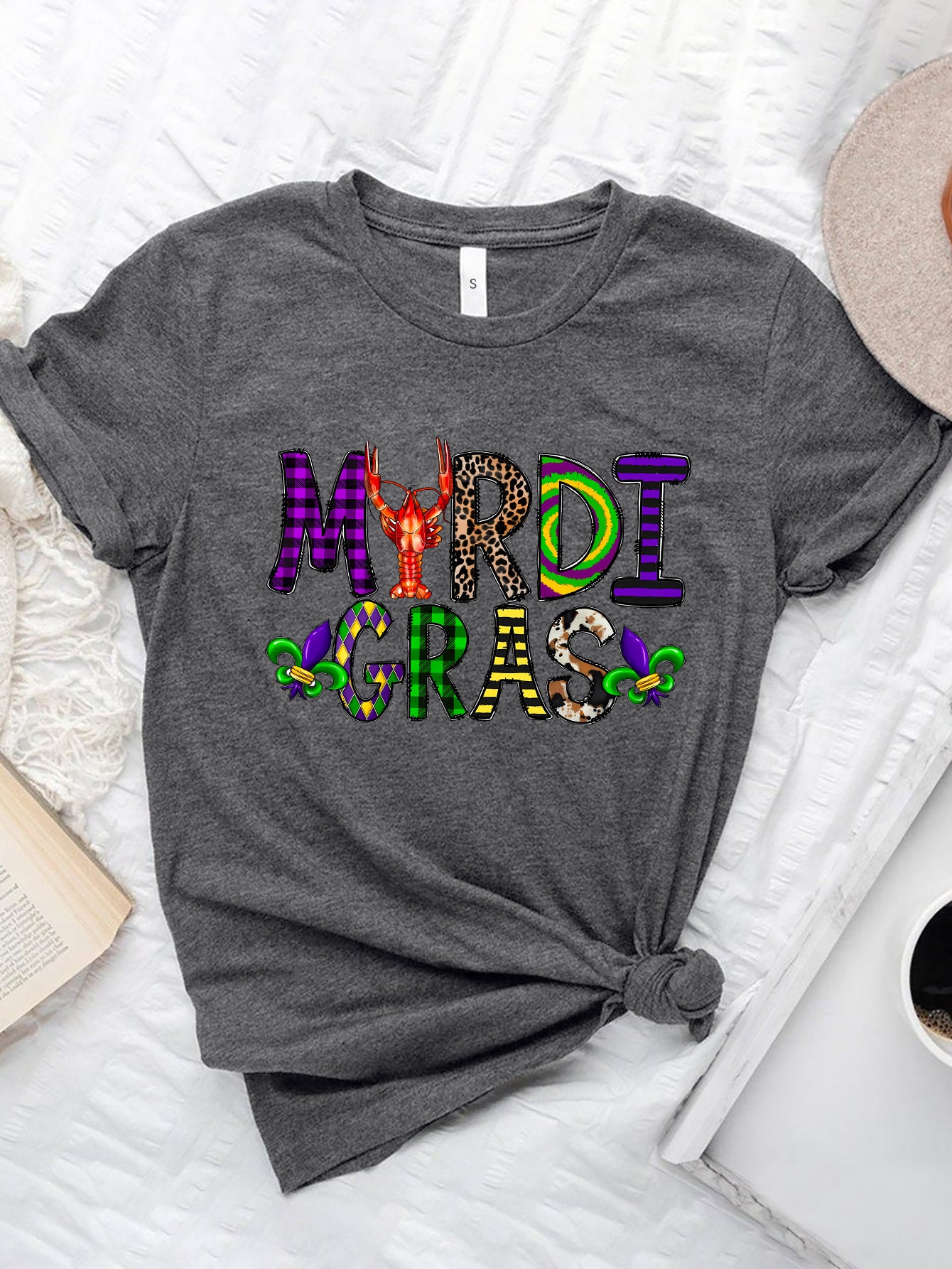 MARDI GRAS Round Neck Short Sleeve T-Shirt Dark Gray