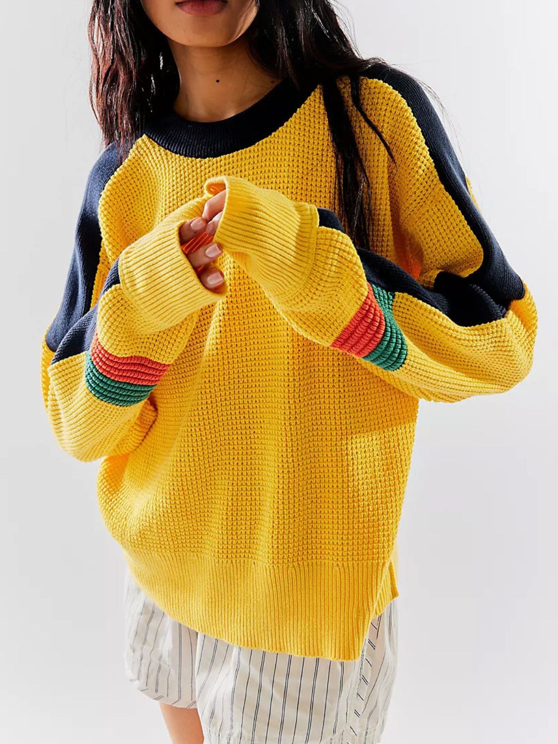 Waffle-Knit Contrast Round Neck Sweater Gold One Size
