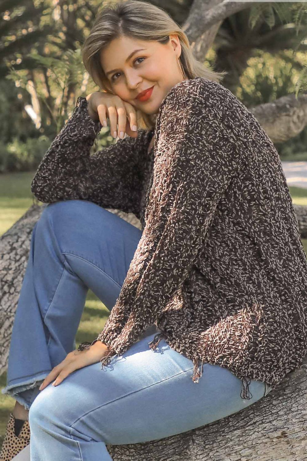 Umgee Full Size Frayed Hem Cable Knit Round Neck Sweater Plus Size