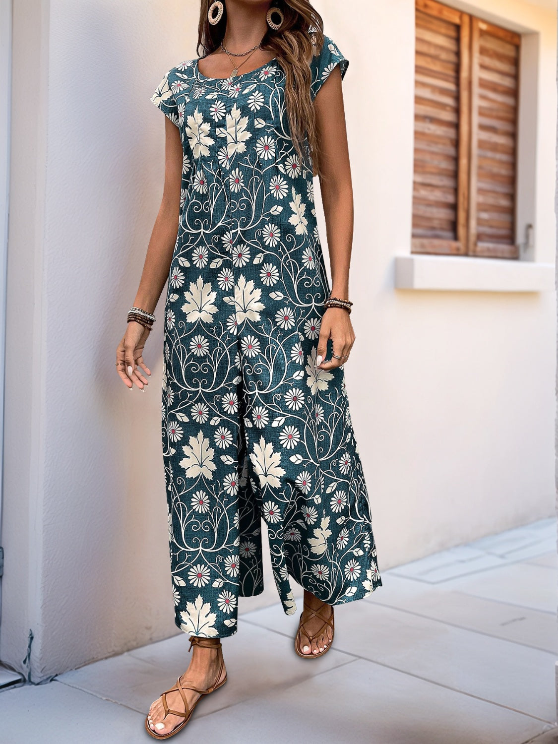 Perfee Printed Round Neck Cap Sleeve Wide Leg Jumpsuit Dark Gray