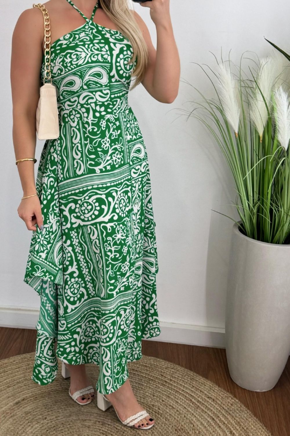 Smocked Printed Halter Neck Dress Green