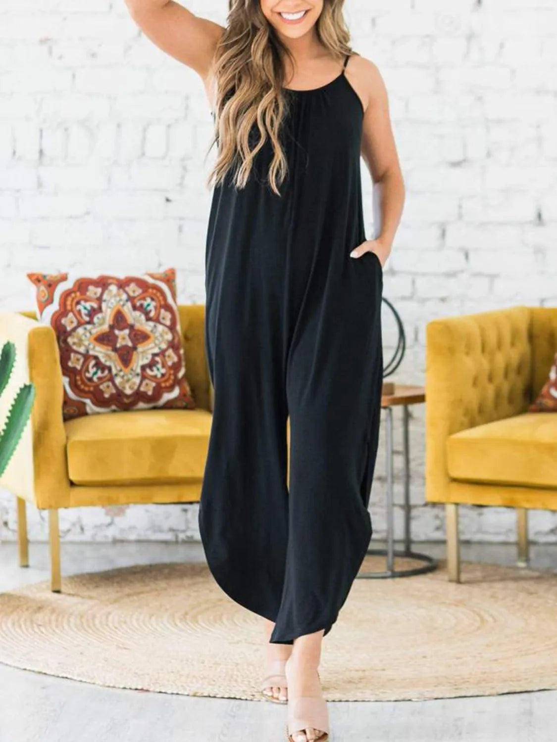 Slit Spaghetti Strap Jumpsuit with Pockets Black
