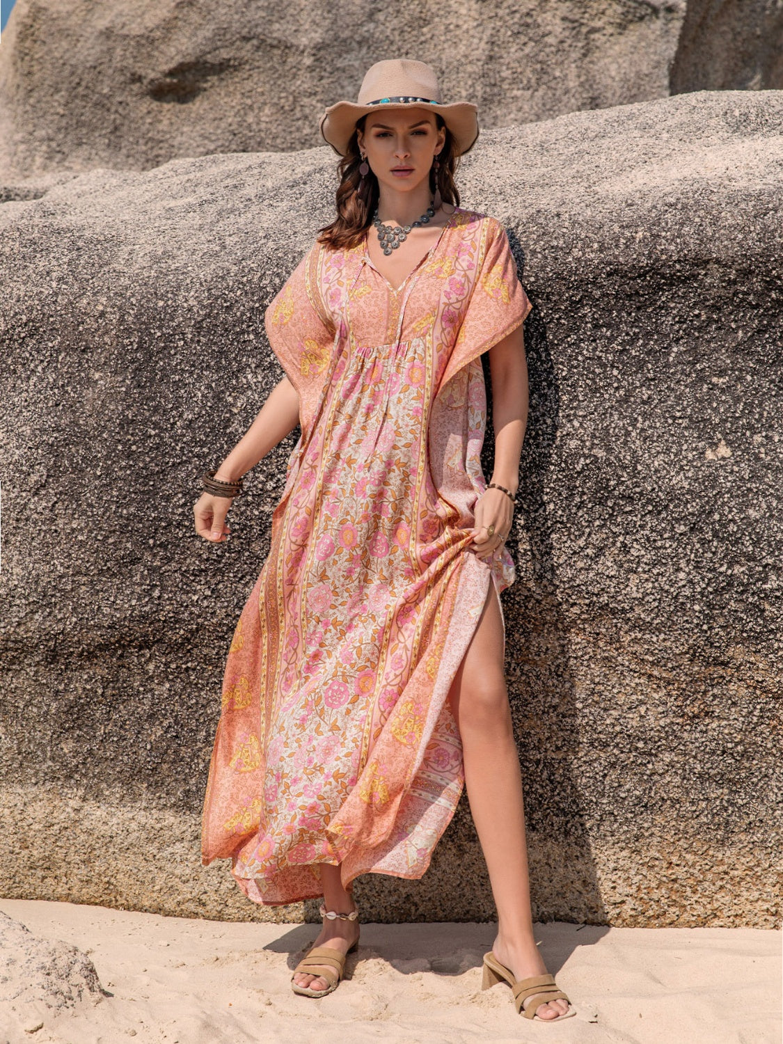 Printed Tie Neck Short Sleeve Dress Watermelon pink